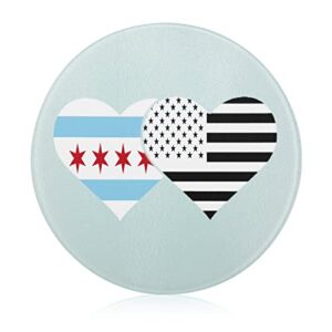 Chicago Flag and American Flag Glass Cutting Board Round Kitchen Decorative Chopping Blocks Mats Food Tray for Men Women