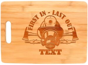 fire fighter gifts for adults personalized first in last out firefighter helmet big rectangle personalized bamboo cutting board