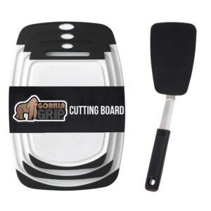 gorilla grip cutting boards set of 3 and silicone spatula, cutting boards are slip resistant, spatula is 11.6 inch and heat resistant, both in black color, 2 item bundle