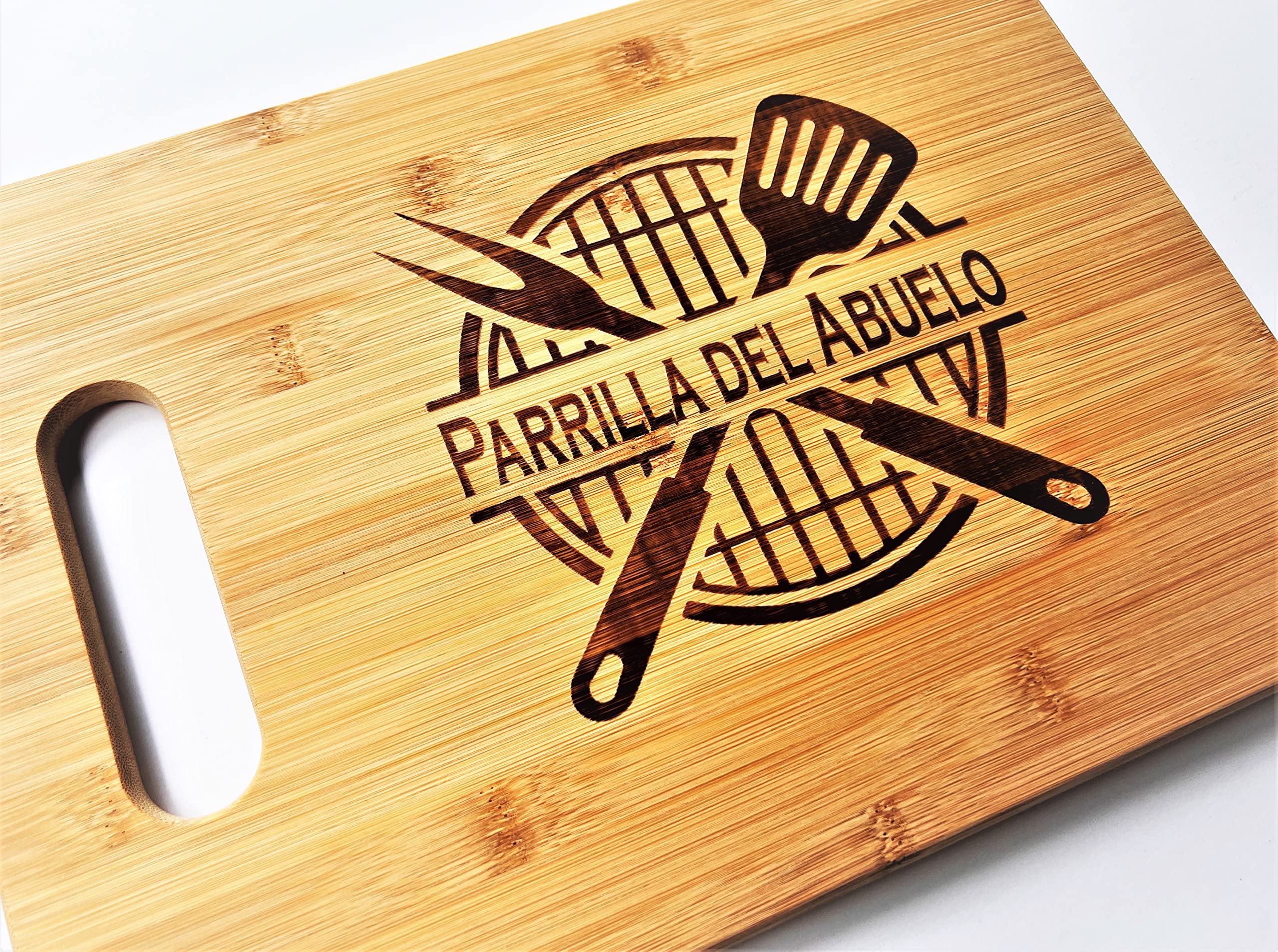 Parrilla del Abuelo Engraved Bamboo Wood 9.5x13 BBQ Cutting Board with Handle for Mexican Spanish Hispanic Grandfather or Father's Day