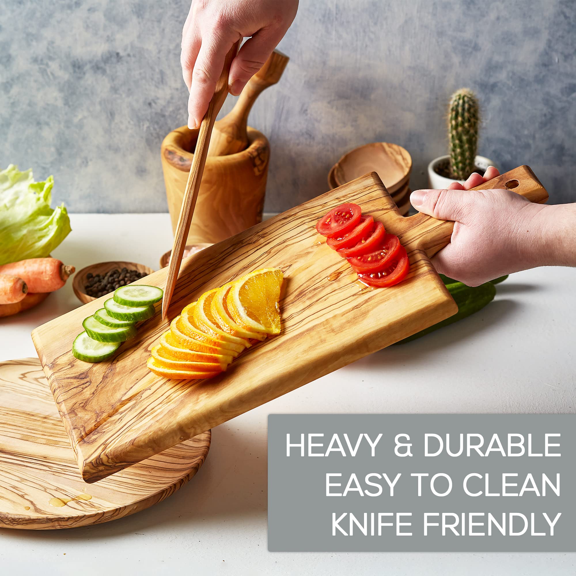 CRYSTALIA Wooden Cutting Boards for Kitchen, Olive Wood, Thick and Large Cutting Board, Handmade Chopping Block with Handle for Meat Brisket Bread Cheese, Stylish Butcher Block (Rectangular)