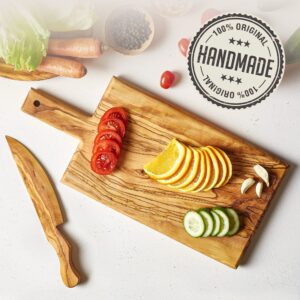 CRYSTALIA Wooden Cutting Boards for Kitchen, Olive Wood, Thick and Large Cutting Board, Handmade Chopping Block with Handle for Meat Brisket Bread Cheese, Stylish Butcher Block (Rectangular)