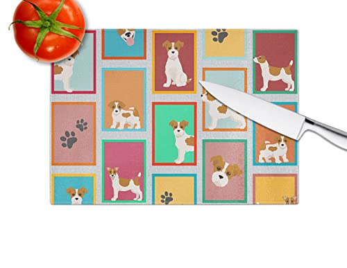 Caroline's Treasures MLM1166LCB Lots of Red and White Jack Russell Terrier Glass Cutting Board Large Decorative Tempered Glass Kitchen Cutting and Serving Board Large Size Chopping Board