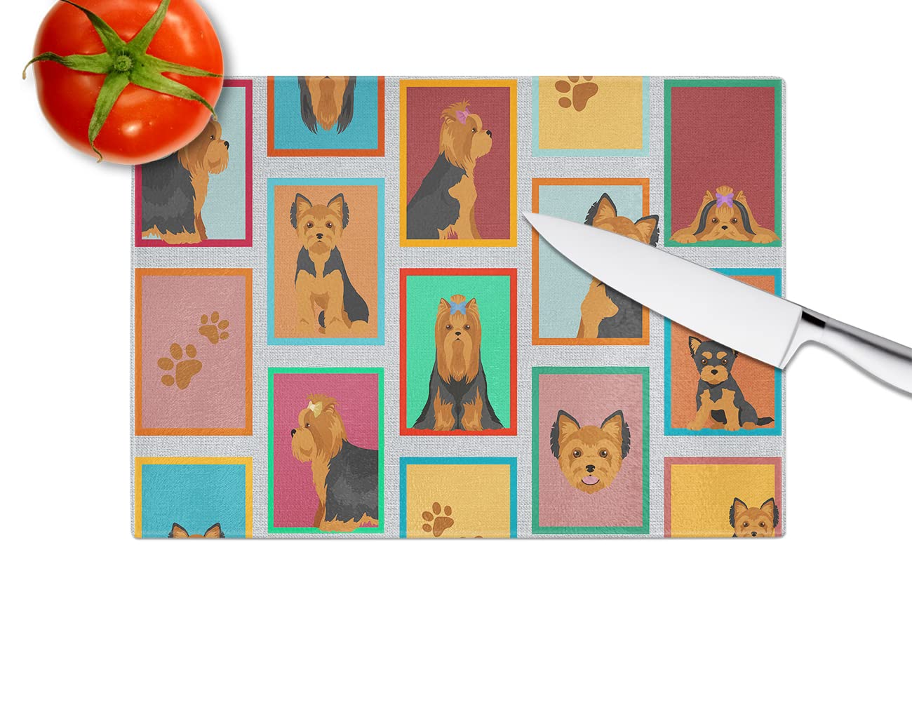 Caroline's Treasures MLM1110LCB Lots of Black and Tan Yorkie Glass Cutting Board Large Decorative Tempered Glass Kitchen Cutting and Serving Board Large Size Chopping Board