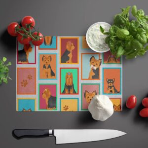 Caroline's Treasures MLM1110LCB Lots of Black and Tan Yorkie Glass Cutting Board Large Decorative Tempered Glass Kitchen Cutting and Serving Board Large Size Chopping Board