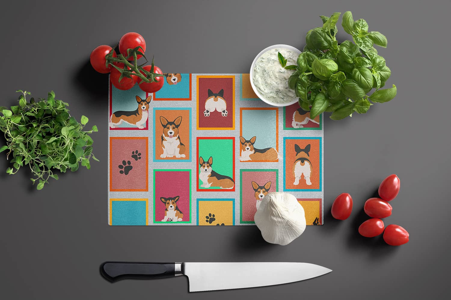 Caroline's Treasures MLM1174LCB Lots of Sable Pembroke Corgi Glass Cutting Board Large Decorative Tempered Glass Kitchen Cutting and Serving Board Large Size Chopping Board