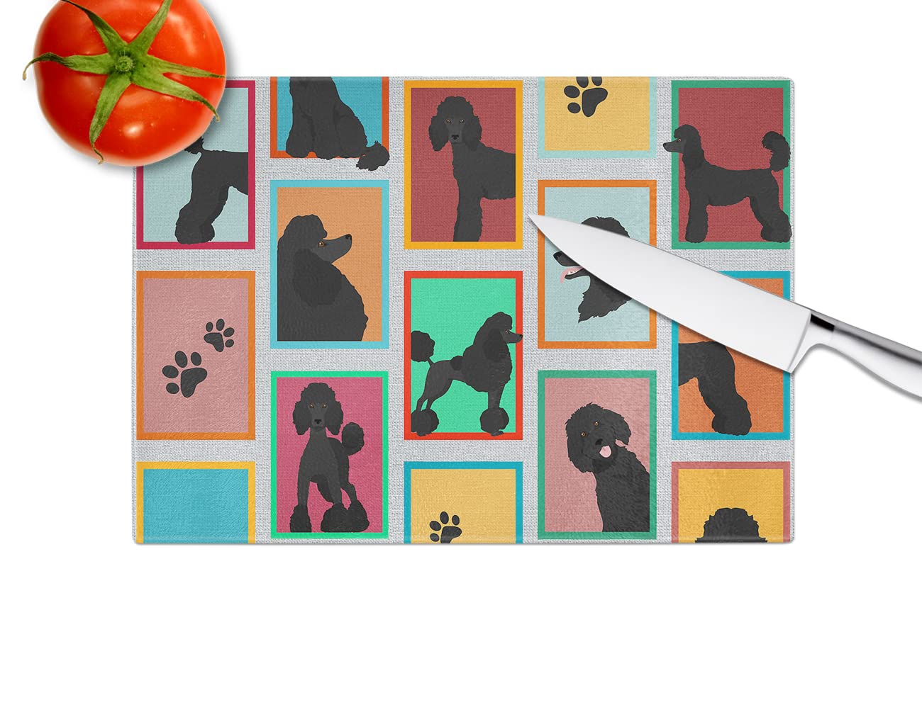 Caroline's Treasures MLM1108LCB Lots of Black Standard Poodle Glass Cutting Board Large Decorative Tempered Glass Kitchen Cutting and Serving Board Large Size Chopping Board