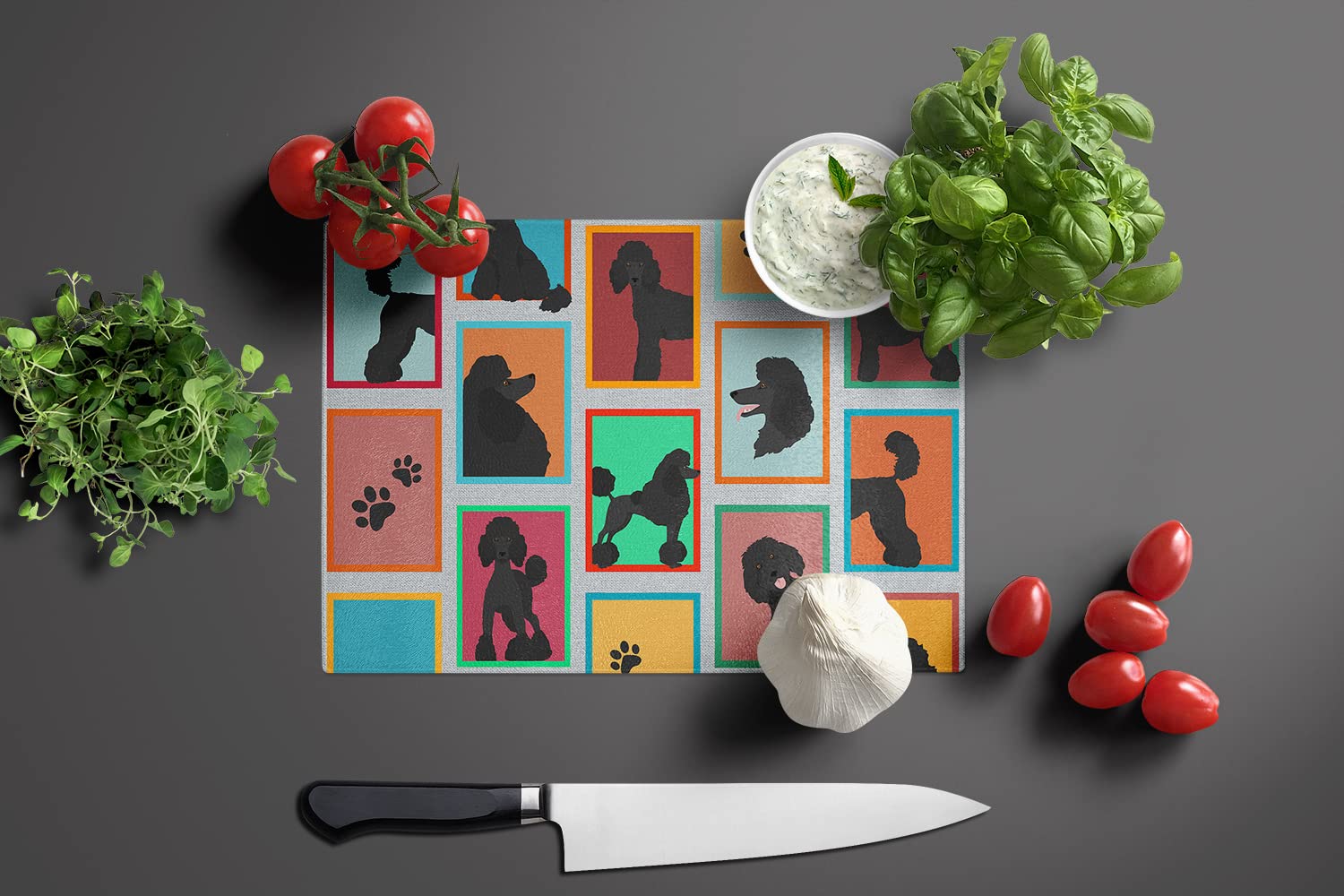 Caroline's Treasures MLM1108LCB Lots of Black Standard Poodle Glass Cutting Board Large Decorative Tempered Glass Kitchen Cutting and Serving Board Large Size Chopping Board