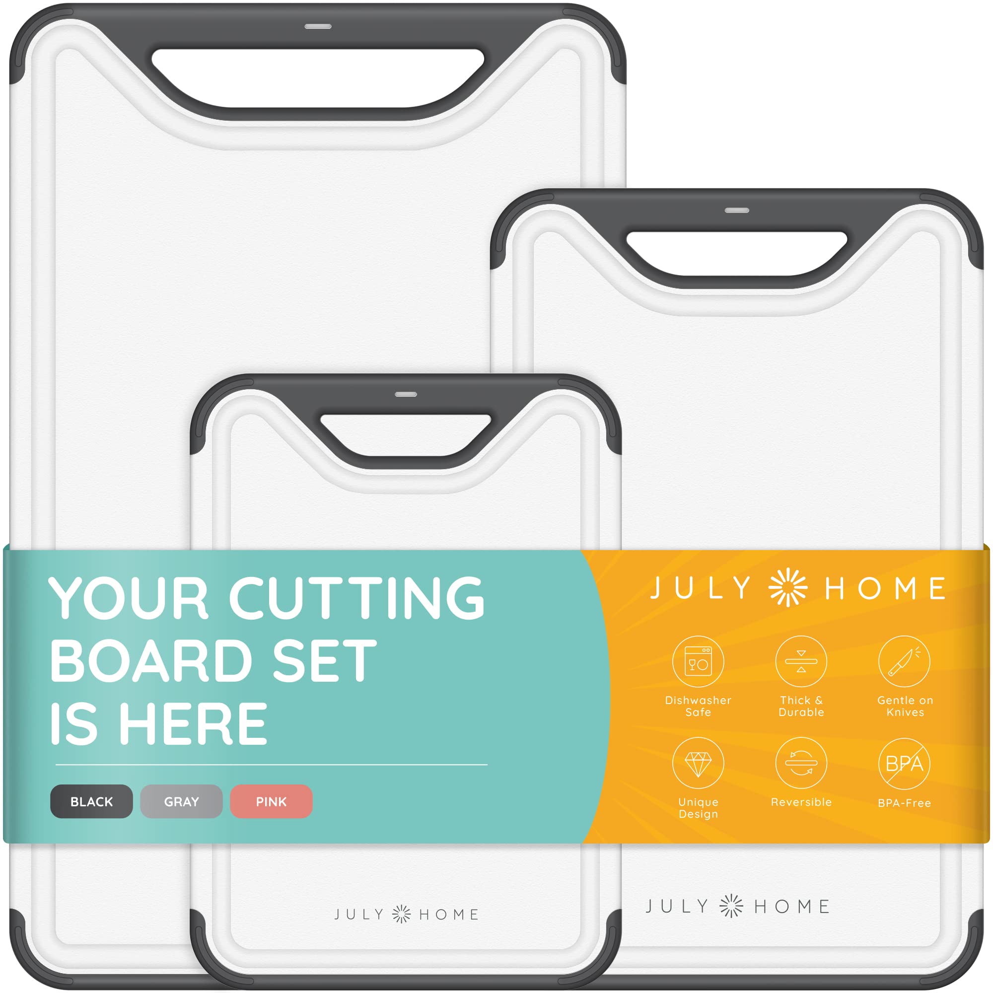 Cutting Boards for Kitchen - Plastic Cutting Board Set of 3, Dishwasher Safe Cutting Boards with Juice Grooves (Black) & Extra Thick Flexible Cutting Boards for Kitchen (15"x12")