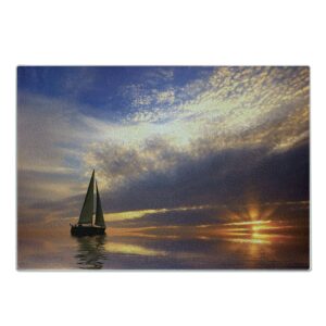 ambesonne sailboat cutting board, sailing with sunset sunbeams on the horizon romance honeymoon destination, decorative tempered glass cutting and serving board, large size, marigold bluegrey