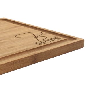 bamboomn custom laser engraved bamboo cutting board - letter script monogram thin - 1 piece - 11" x 11" x 0.75" (grooved) - customized personalized kitchen gift for couples, weddings, closing