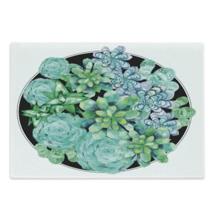 lunarable succulent cutting board, different succulent plants corsage design exotic flora agave foliage, decorative tempered glass cutting and serving board, large size, green mint green lilac
