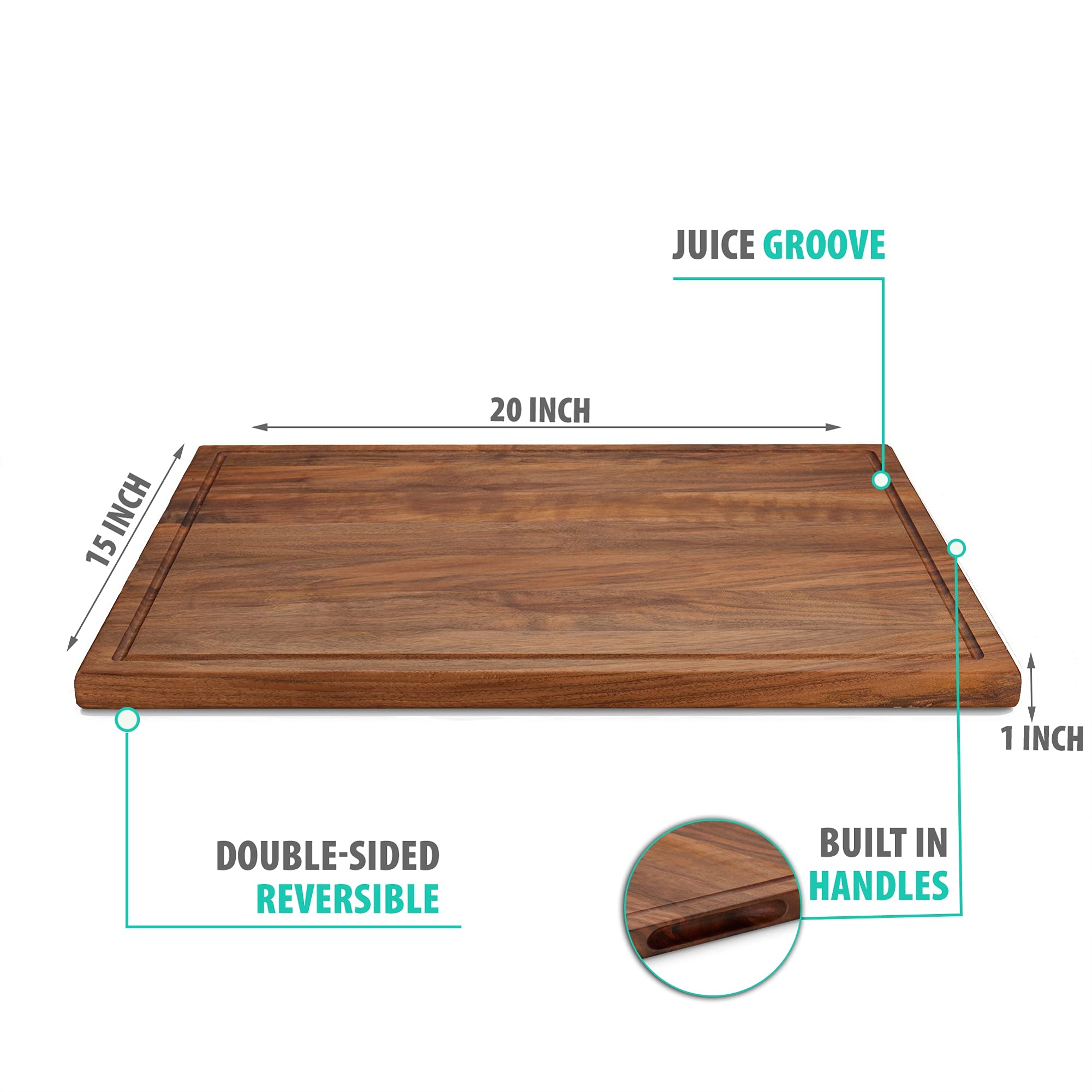 TeakCraft Large Walnut Cutting Board with Juice Grove, Chopping Board for Meat, Knife Friendly, Reversible, The Petra (20x15x1inch)