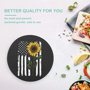 Sunflower American Flag Glass Cutting Board Round Kitchen Decorative Chopping Blocks Mats Food Tray for Men Women