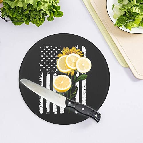 Sunflower American Flag Glass Cutting Board Round Kitchen Decorative Chopping Blocks Mats Food Tray for Men Women