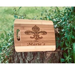 personalized, engraved fleur de lis decorative bamboo chopping board
