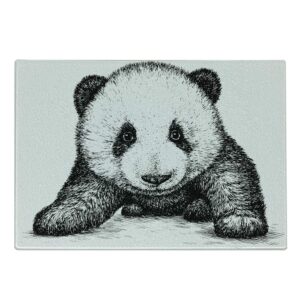 ambesonne panda cutting board, panda bear illustration sketch style art nature wild animals theme, decorative tempered glass cutting and serving board, small size, white black