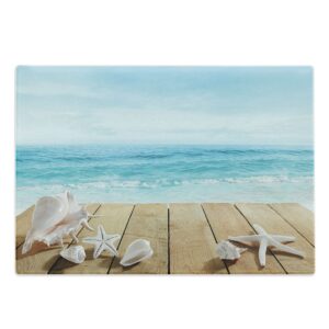 ambesonne seashells cutting board, wooden boardwald sunshine vacations beach theme, decorative tempered glass cutting and serving board, large size, blue beige