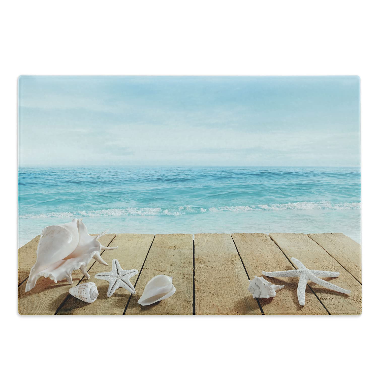 Ambesonne Seashells Cutting Board, Wooden Boardwald Sunshine Vacations Beach Theme, Decorative Tempered Glass Cutting and Serving Board, Large Size, Blue Beige