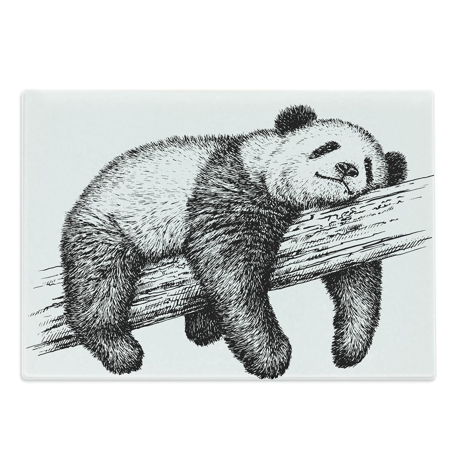 Lunarable Black and White Cutting Board, Giant Panda Bear Sleeping on Large Branch Fluffy Creature with Patches, Decorative Tempered Glass Cutting and Serving Board, Large Size, Black White