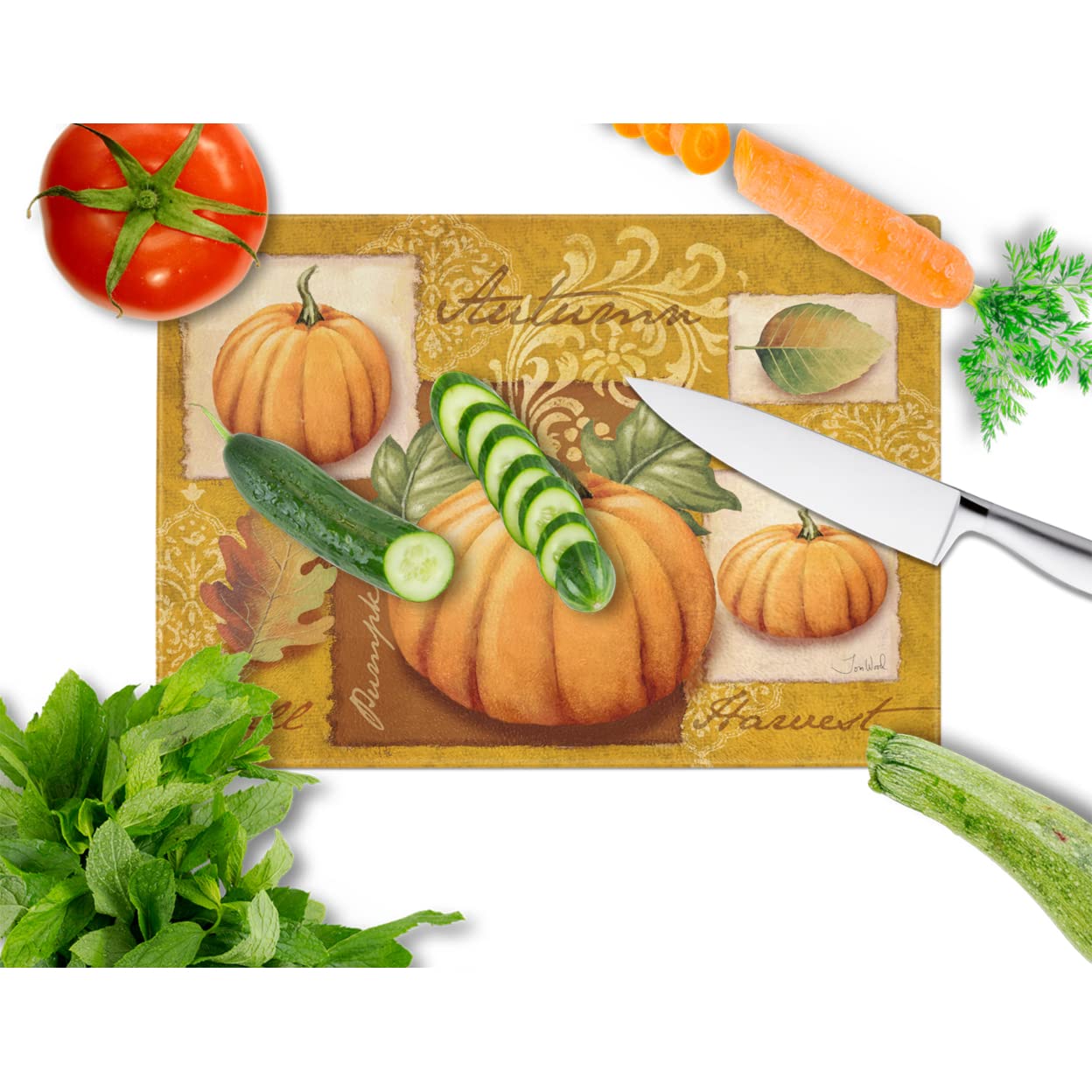 Caroline's Treasures PTW2006LCB Fall Harvest Pumpkins Glass Cutting Board Large Decorative Tempered Glass Kitchen Cutting and Serving Board Large Size Chopping Board