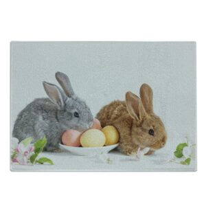 ambesonne easter bunny cutting board, photo of two easter rabbits grey and brown with flowers and eggs spring time, decorative tempered glass cutting and serving board, small size, multicolor