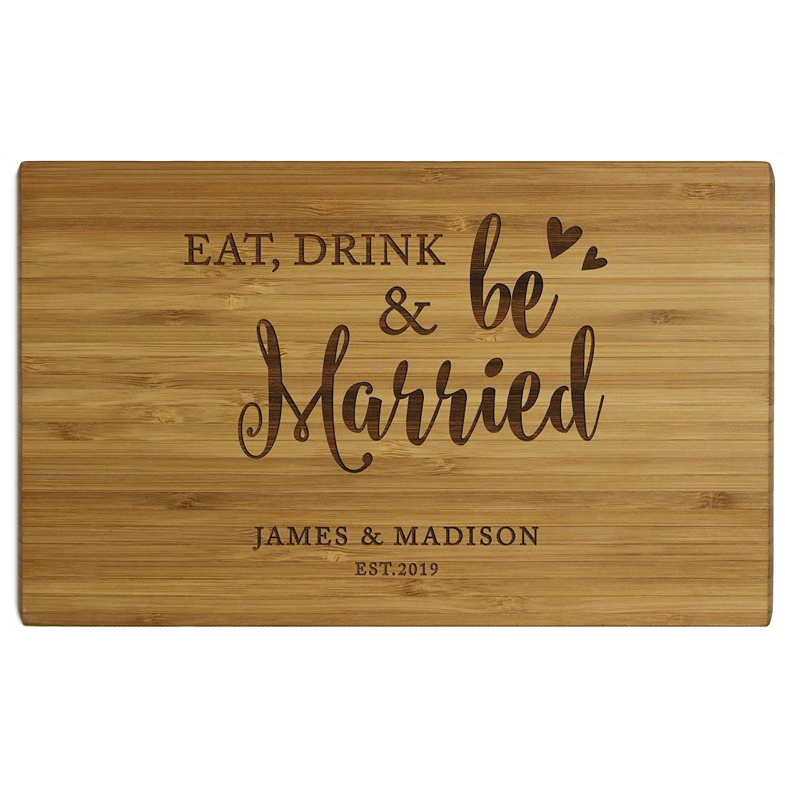 Andaz Press Personalized Laser Engraved Large Bamboo Wood Cutting Board, 17.75 x 11-inch, Eat Drink and Be Married Names Date, 1-Pack, Custom Wedding Bridal Shower Anniversary Housewarming Birthday