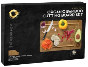 organic bamboo cutting board set of 3 | wooden cutting boards set | multipurpose for meat, veg, cheese | wooden charcuterie board with juice groove and hidden handles [3 sizes] | by gourmanity cook
