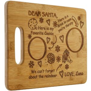 plaquemaker customizable dear santa cookies, milk, and reindeer treats wood cutting board - add your children’s names and use it year after year.