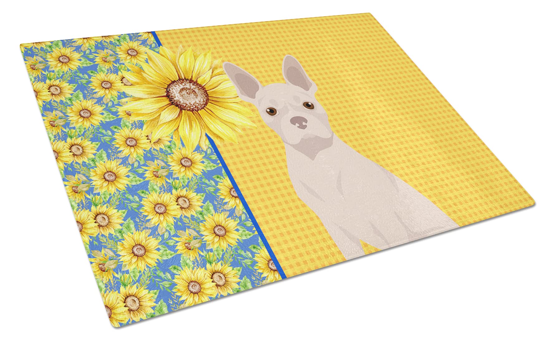 Caroline's Treasures WDK5335LCB Summer Sunflowers White Boston Terrier Glass Cutting Board Large Decorative Tempered Glass Kitchen Cutting and Serving Board Large Size Chopping Board