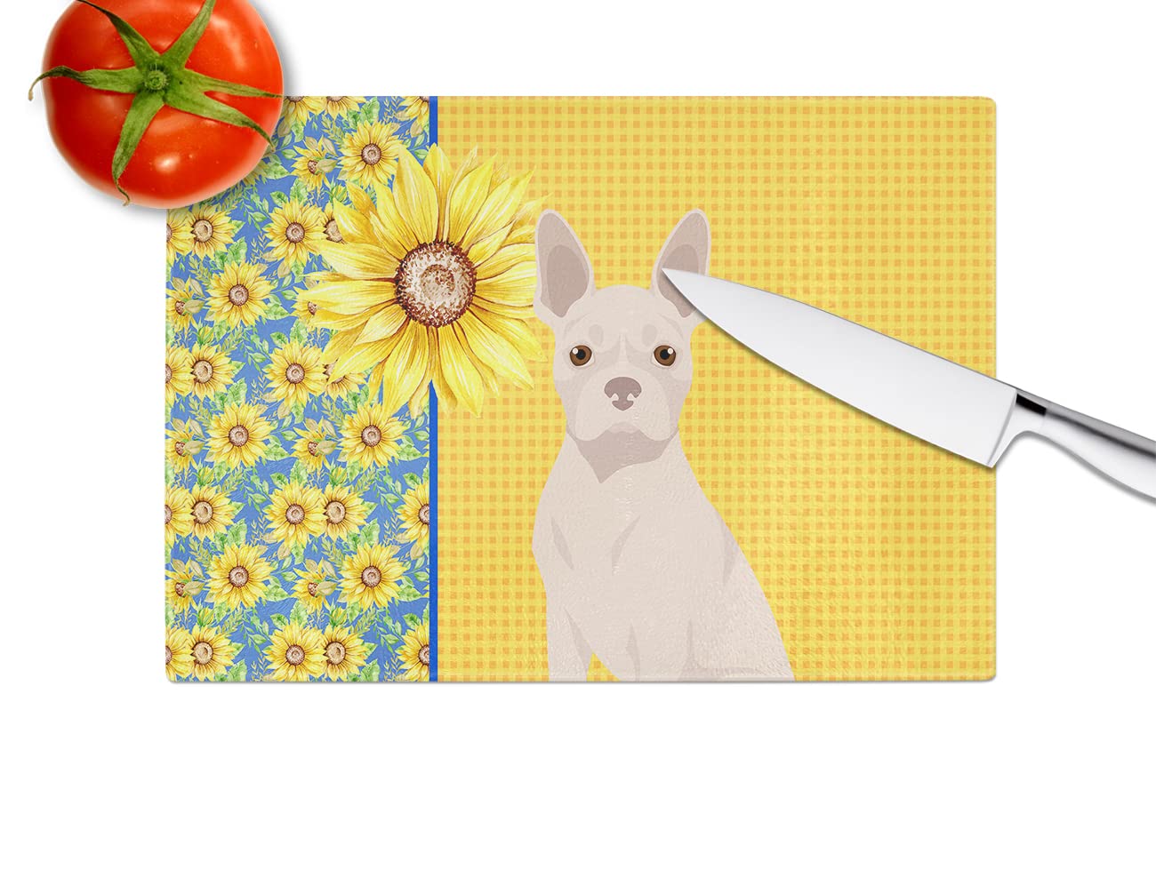 Caroline's Treasures WDK5335LCB Summer Sunflowers White Boston Terrier Glass Cutting Board Large Decorative Tempered Glass Kitchen Cutting and Serving Board Large Size Chopping Board