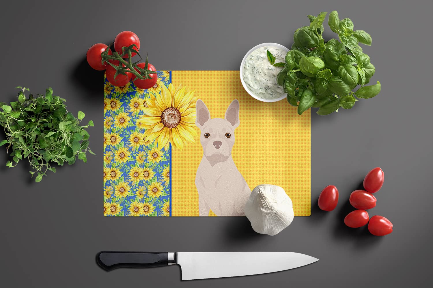 Caroline's Treasures WDK5335LCB Summer Sunflowers White Boston Terrier Glass Cutting Board Large Decorative Tempered Glass Kitchen Cutting and Serving Board Large Size Chopping Board