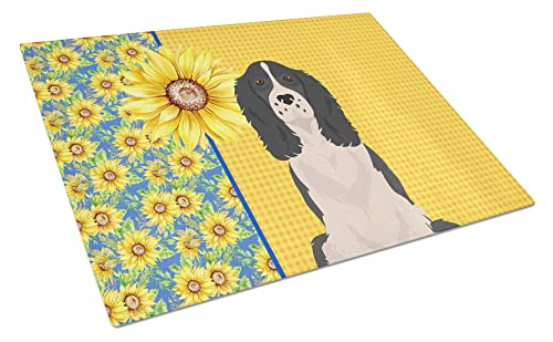 Caroline's Treasures WDK5416LCB Summer Sunflowers Black English Springer Spaniel Glass Cutting Board Large Decorative Tempered Glass Kitchen Cutting and Serving Board Large Size Chopping Board