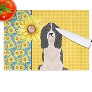 Caroline's Treasures WDK5416LCB Summer Sunflowers Black English Springer Spaniel Glass Cutting Board Large Decorative Tempered Glass Kitchen Cutting and Serving Board Large Size Chopping Board