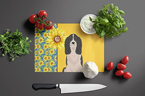 Caroline's Treasures WDK5416LCB Summer Sunflowers Black English Springer Spaniel Glass Cutting Board Large Decorative Tempered Glass Kitchen Cutting and Serving Board Large Size Chopping Board