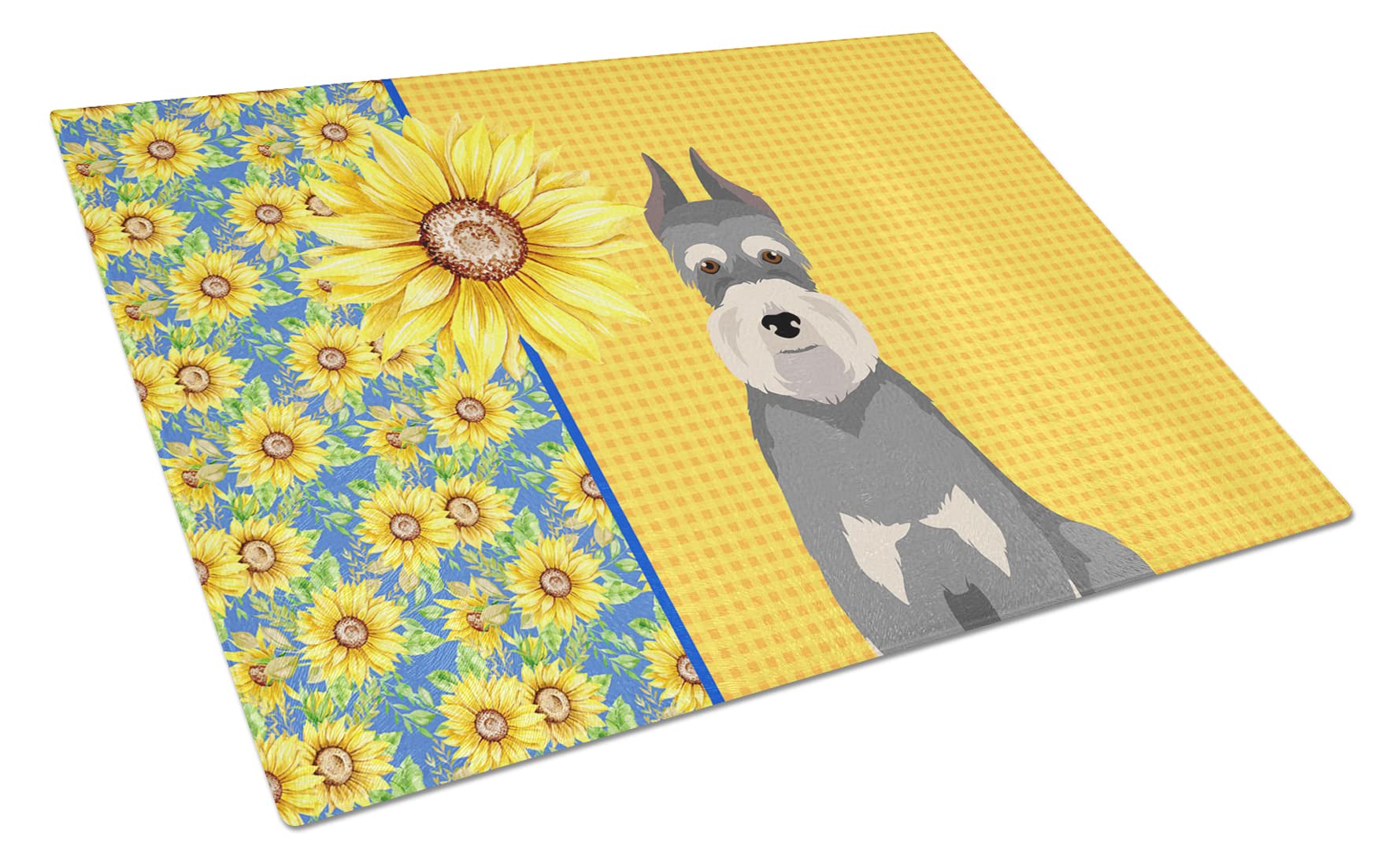 Caroline's Treasures WDK5478LCB Summer Sunflowers Salt Pepper Schnauzer Glass Cutting Board Large Decorative Tempered Glass Kitchen Cutting and Serving Board Large Size Chopping Board