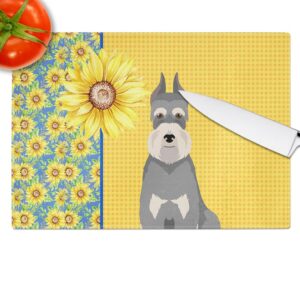 Caroline's Treasures WDK5478LCB Summer Sunflowers Salt Pepper Schnauzer Glass Cutting Board Large Decorative Tempered Glass Kitchen Cutting and Serving Board Large Size Chopping Board