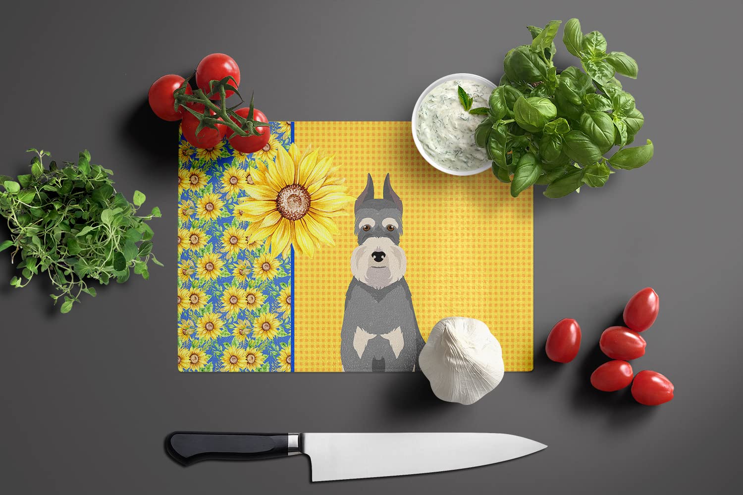 Caroline's Treasures WDK5478LCB Summer Sunflowers Salt Pepper Schnauzer Glass Cutting Board Large Decorative Tempered Glass Kitchen Cutting and Serving Board Large Size Chopping Board