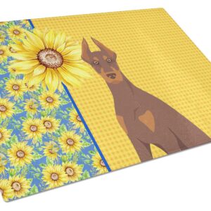 Caroline's Treasures WDK5410LCB Summer Sunflowers Red and Tan Doberman Pinscher Glass Cutting Board Large Decorative Tempered Glass Kitchen Cutting and Serving Board Large Size Chopping Board