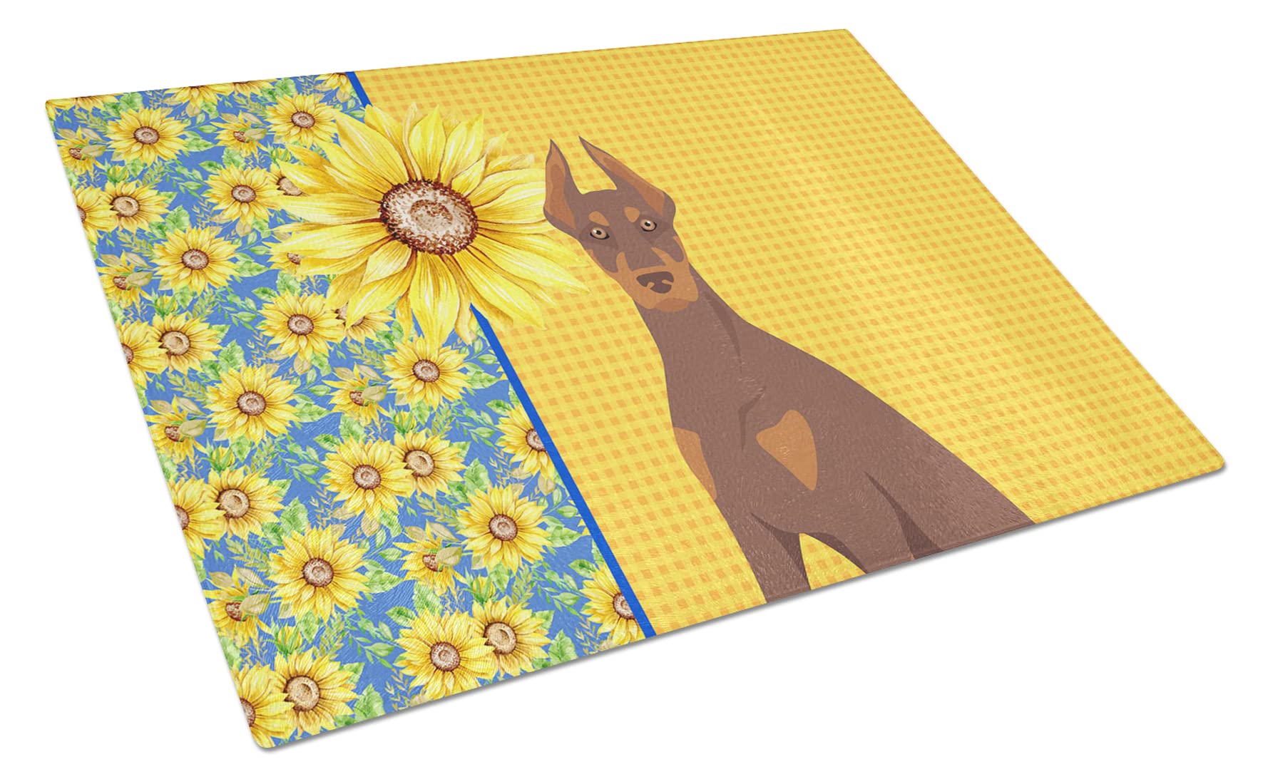 Caroline's Treasures WDK5410LCB Summer Sunflowers Red and Tan Doberman Pinscher Glass Cutting Board Large Decorative Tempered Glass Kitchen Cutting and Serving Board Large Size Chopping Board