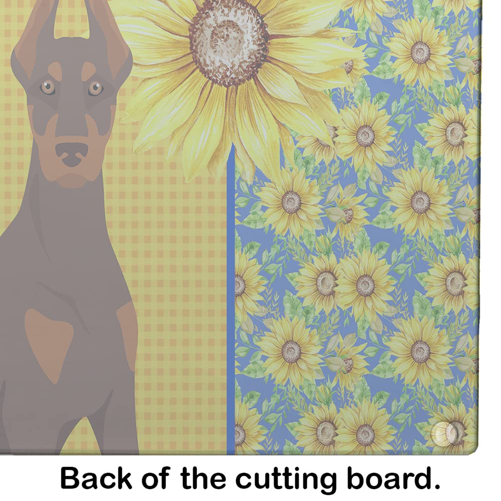 Caroline's Treasures WDK5410LCB Summer Sunflowers Red and Tan Doberman Pinscher Glass Cutting Board Large Decorative Tempered Glass Kitchen Cutting and Serving Board Large Size Chopping Board