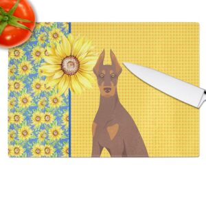 Caroline's Treasures WDK5410LCB Summer Sunflowers Red and Tan Doberman Pinscher Glass Cutting Board Large Decorative Tempered Glass Kitchen Cutting and Serving Board Large Size Chopping Board