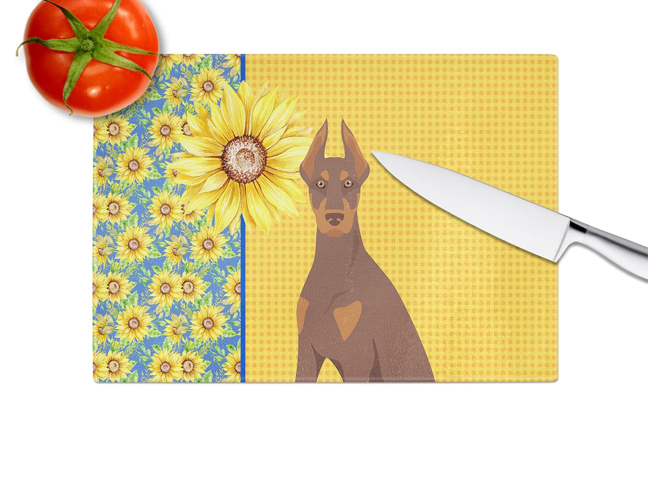 Caroline's Treasures WDK5410LCB Summer Sunflowers Red and Tan Doberman Pinscher Glass Cutting Board Large Decorative Tempered Glass Kitchen Cutting and Serving Board Large Size Chopping Board