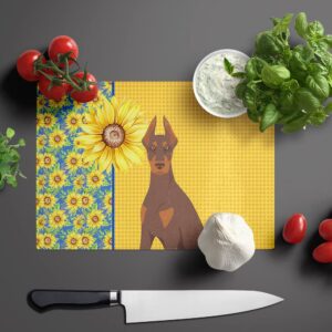 Caroline's Treasures WDK5410LCB Summer Sunflowers Red and Tan Doberman Pinscher Glass Cutting Board Large Decorative Tempered Glass Kitchen Cutting and Serving Board Large Size Chopping Board