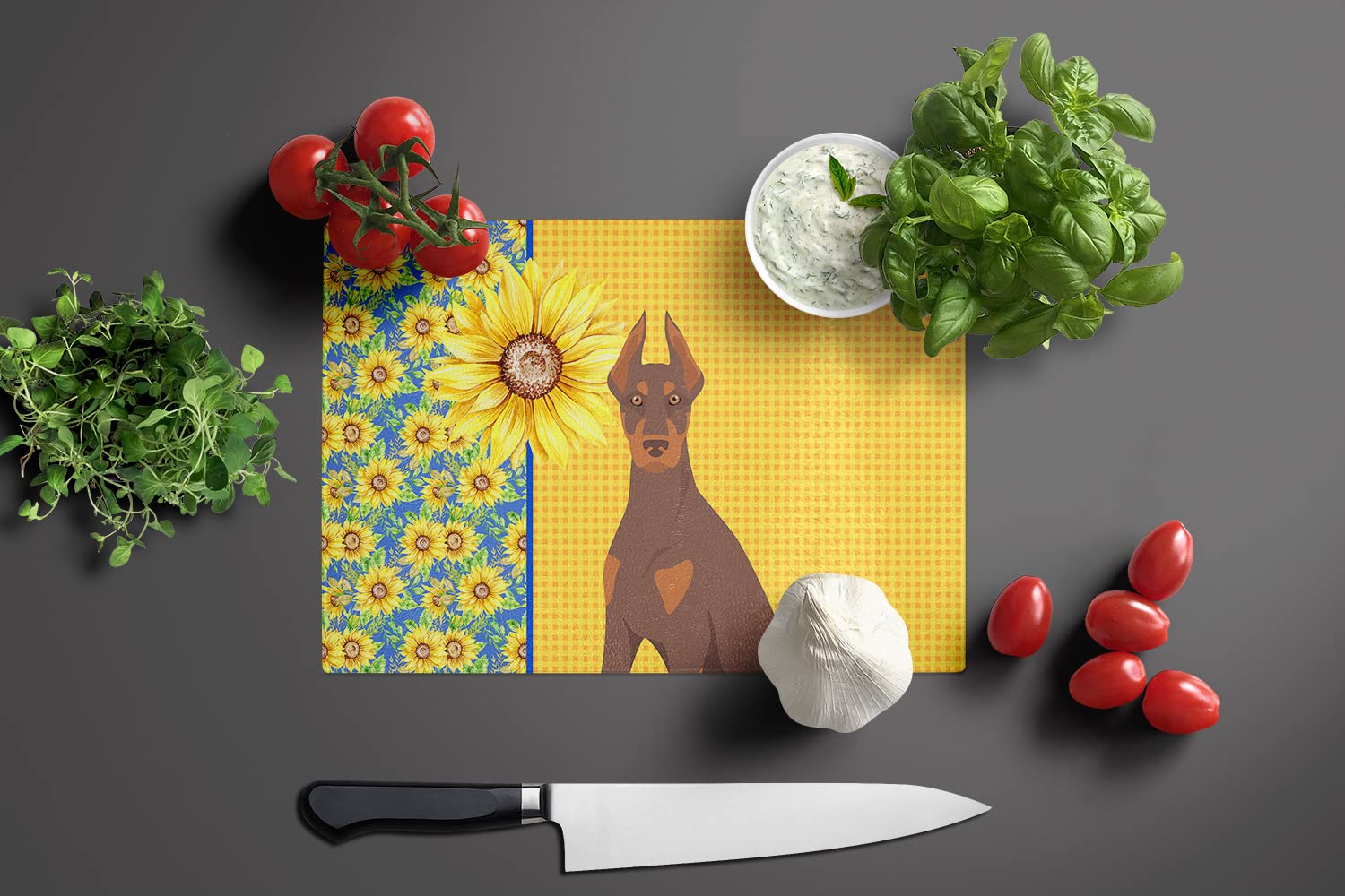 Caroline's Treasures WDK5410LCB Summer Sunflowers Red and Tan Doberman Pinscher Glass Cutting Board Large Decorative Tempered Glass Kitchen Cutting and Serving Board Large Size Chopping Board