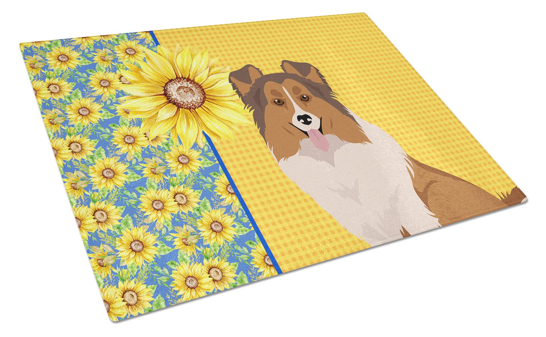 Caroline's Treasures WDK5482LCB Summer Sunflowers Sable Sheltie Glass Cutting Board Large Decorative Tempered Glass Kitchen Cutting and Serving Board Large Size Chopping Board