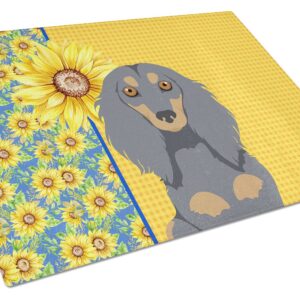 Caroline's Treasures WDK5391LCB Summer Sunflowers Longhair Blue and Tan Dachshund Glass Cutting Board Large Decorative Tempered Glass Kitchen Cutting and Serving Board Large Size Chopping Board