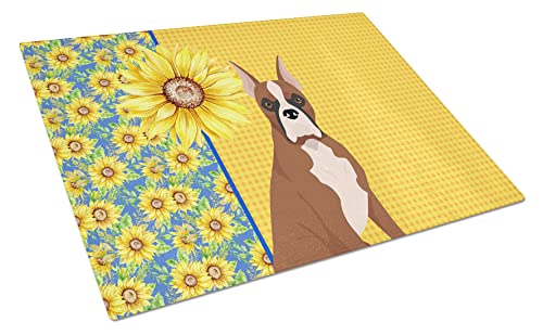 Caroline's Treasures WDK5344LCB Summer Sunflowers Red Fawn Boxer Glass Cutting Board Large Decorative Tempered Glass Kitchen Cutting and Serving Board Large Size Chopping Board