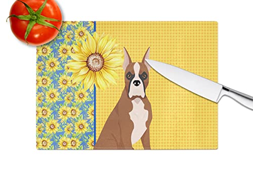 Caroline's Treasures WDK5344LCB Summer Sunflowers Red Fawn Boxer Glass Cutting Board Large Decorative Tempered Glass Kitchen Cutting and Serving Board Large Size Chopping Board