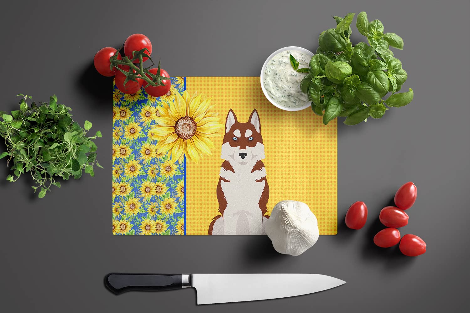 Caroline's Treasures WDK5492LCB Summer Sunflowers Red Siberian Husky Glass Cutting Board Large Decorative Tempered Glass Kitchen Cutting and Serving Board Large Size Chopping Board